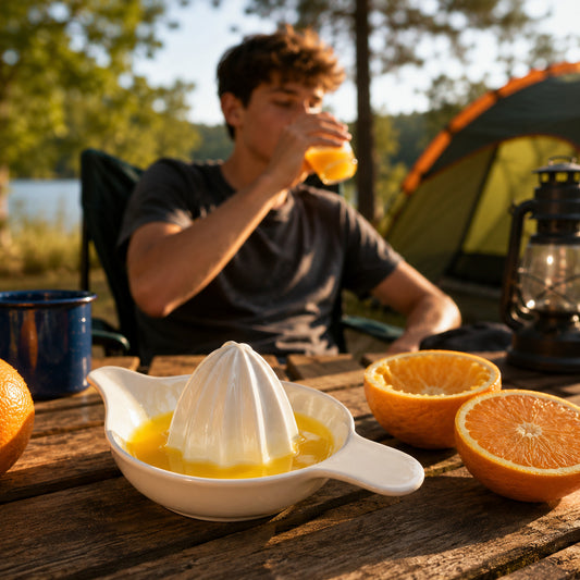 Un jeune homme boit un verre de jus d'orange fraîchement pressé avec son mignon presse agrumes en céramique blanche, laissé sur la table à pique-nique du camping.