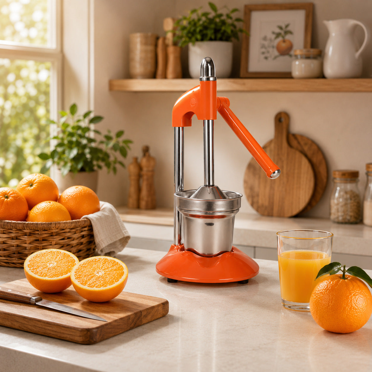 Le presse agrumes orange en inox présenté dans un joli décor avec des oranges. 