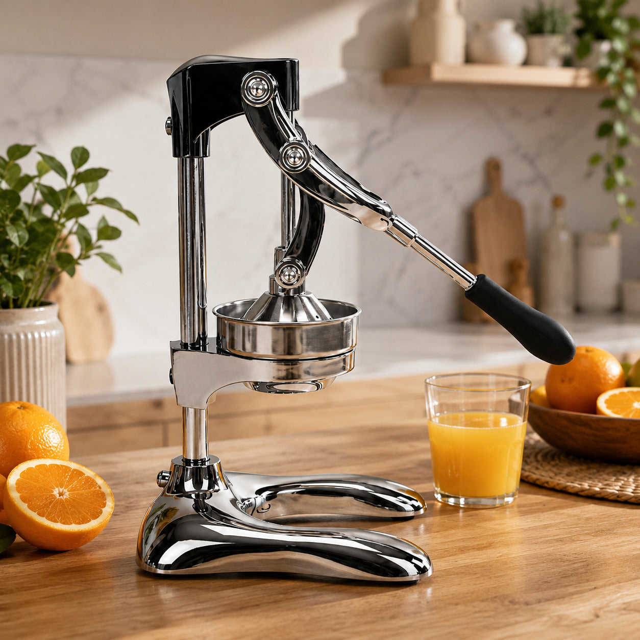 Presse agrumes manuel en acier inoxydable dans une cuisine moderne avec oranges fraîches et verre de jus.