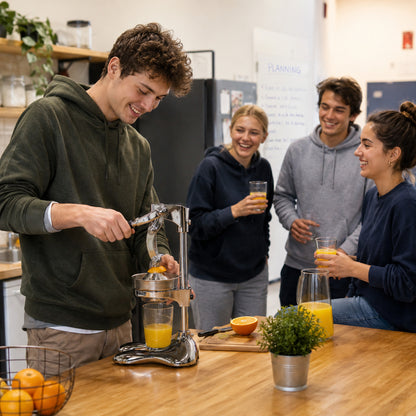 Presse agrumes manuel utilisé par un étudiant préparant du jus d'orange pour ses colocataires dans une cuisine collective.