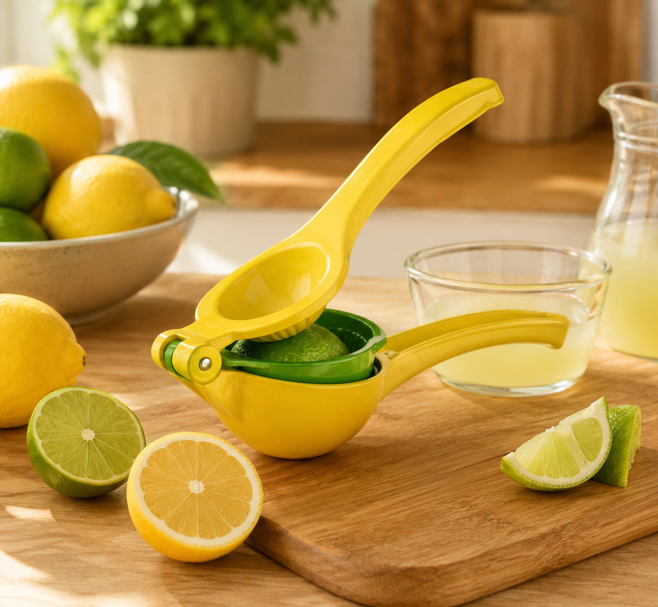 Le presse agrumes manuel robuste, modèle double est présenté dans une cuisine chaleureuse avec des citrons verts et des petits citrons jaunes.
