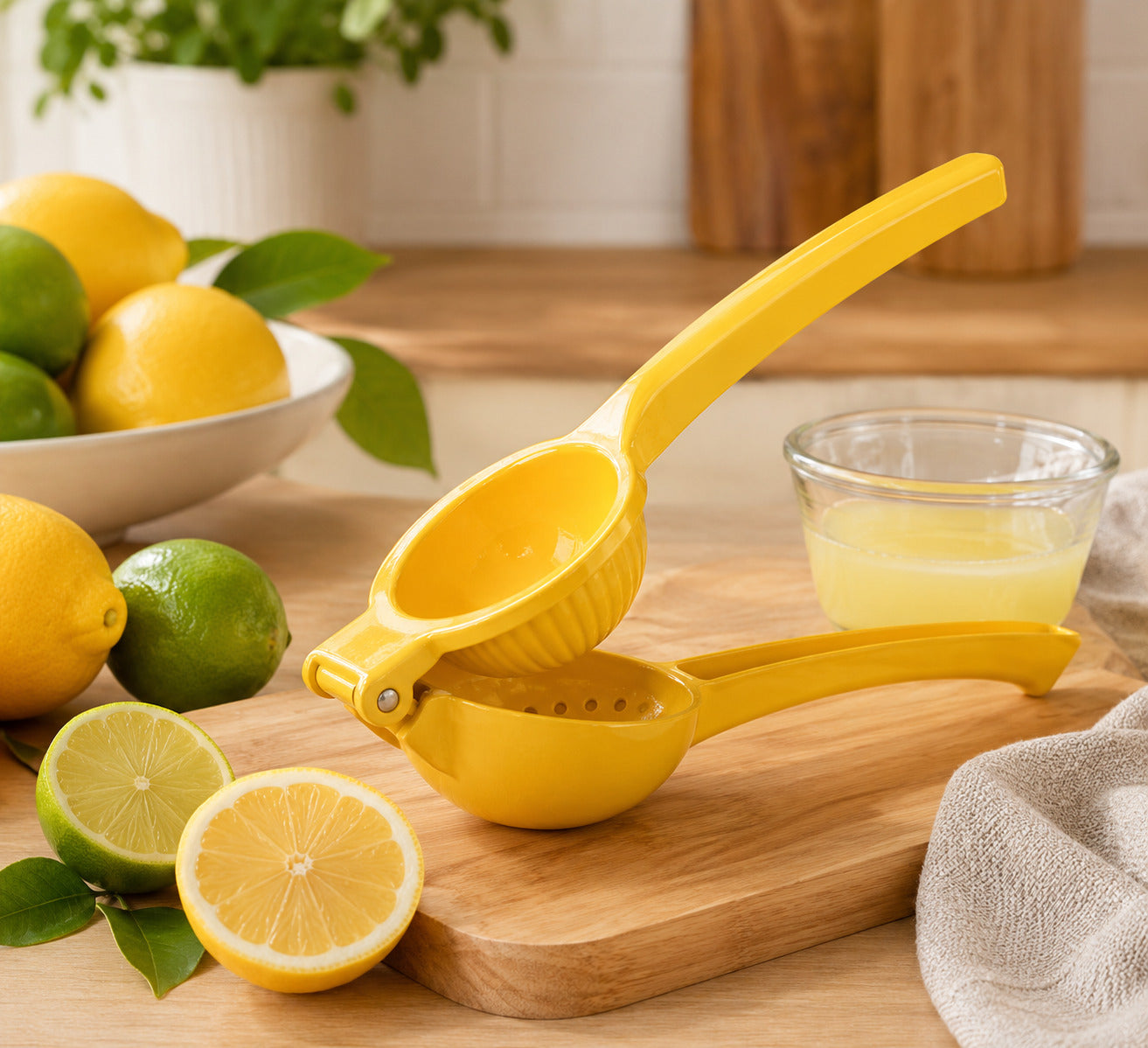 Le presse agrumes manuel robuste modèle simple est présenté dans une cuisine chaleureuse avec des citrons verts et des petits citrons jaunes.
