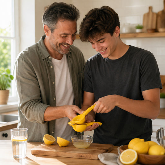 Un père montre à son fils de 18 ans comment utiliser le presse agrumes manuel robuste pour presser des citrons frais.
