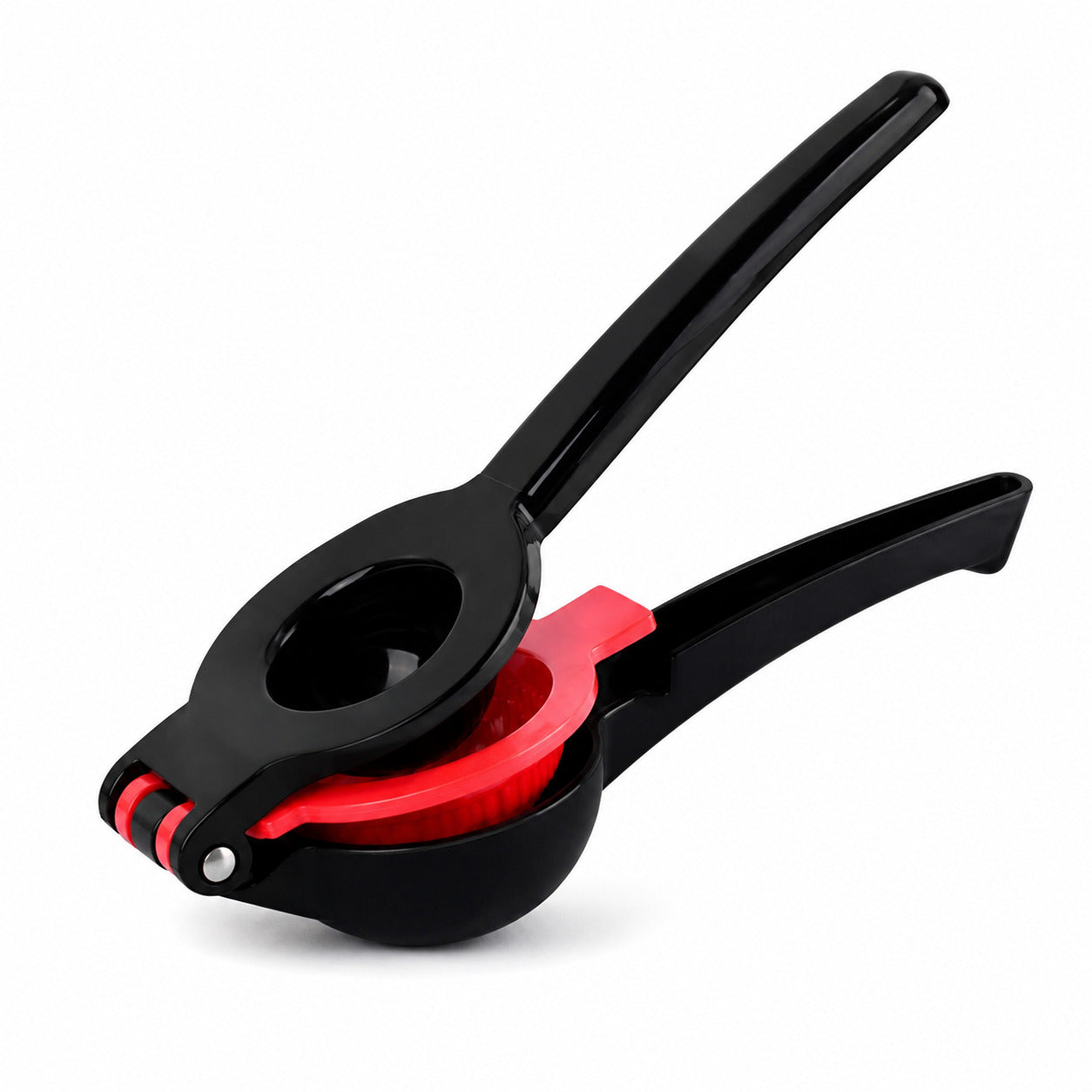 Presse agrumes robuste noir et rouge 2 en 1 présenté sur fond blanc.