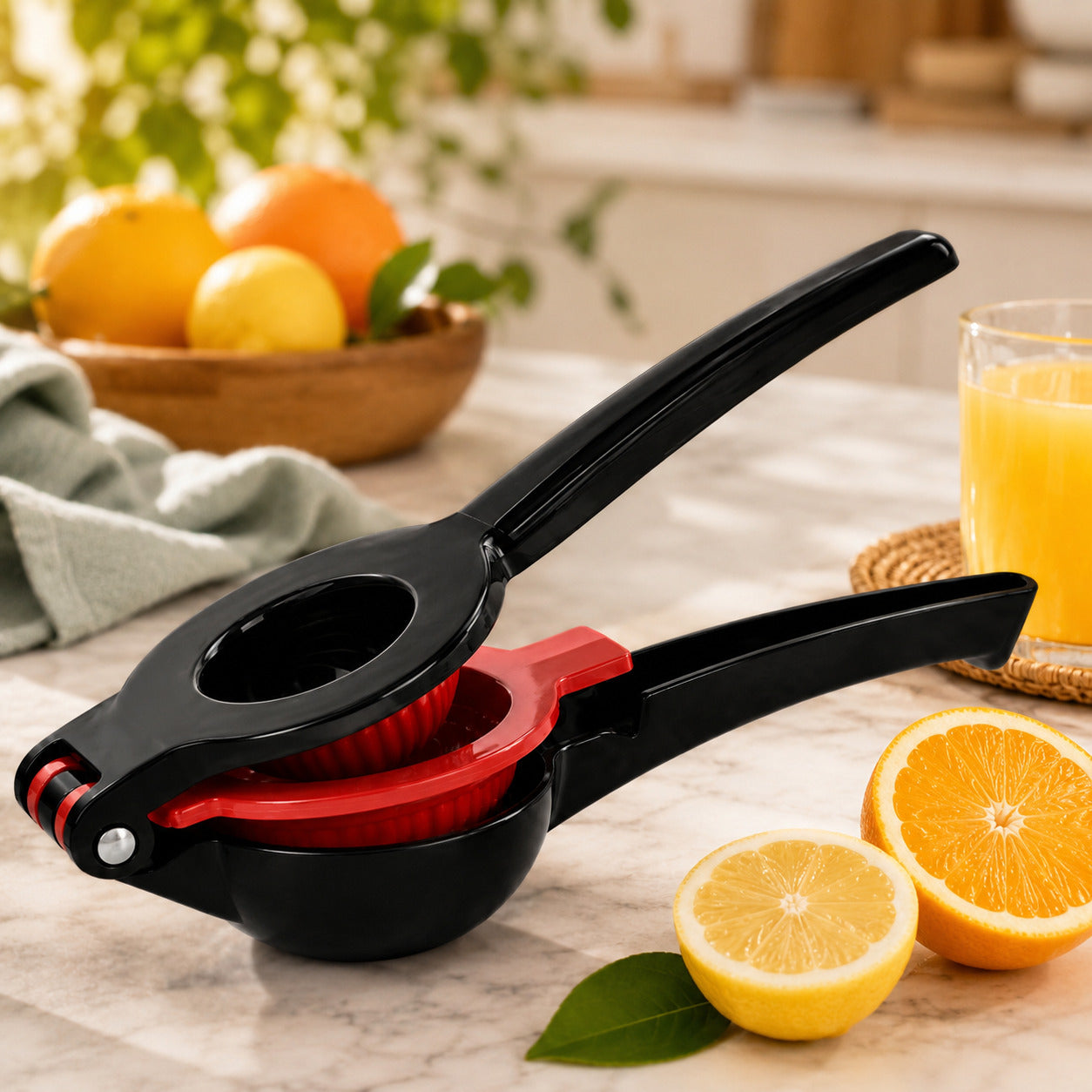 Presse agrumes robuste noir et rouge 2 en 1 présenté dans un joli décor sur une table en marbre