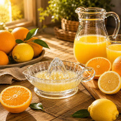 Presse agrumes en verre, classique, dans un décor ensoleillé aux tons orangés.