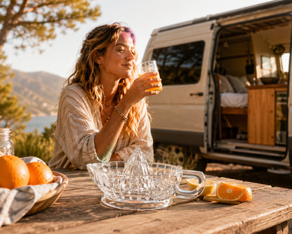Une femme boit son verre de jus fraîchement pressé avec le presse agrumes en vanlife