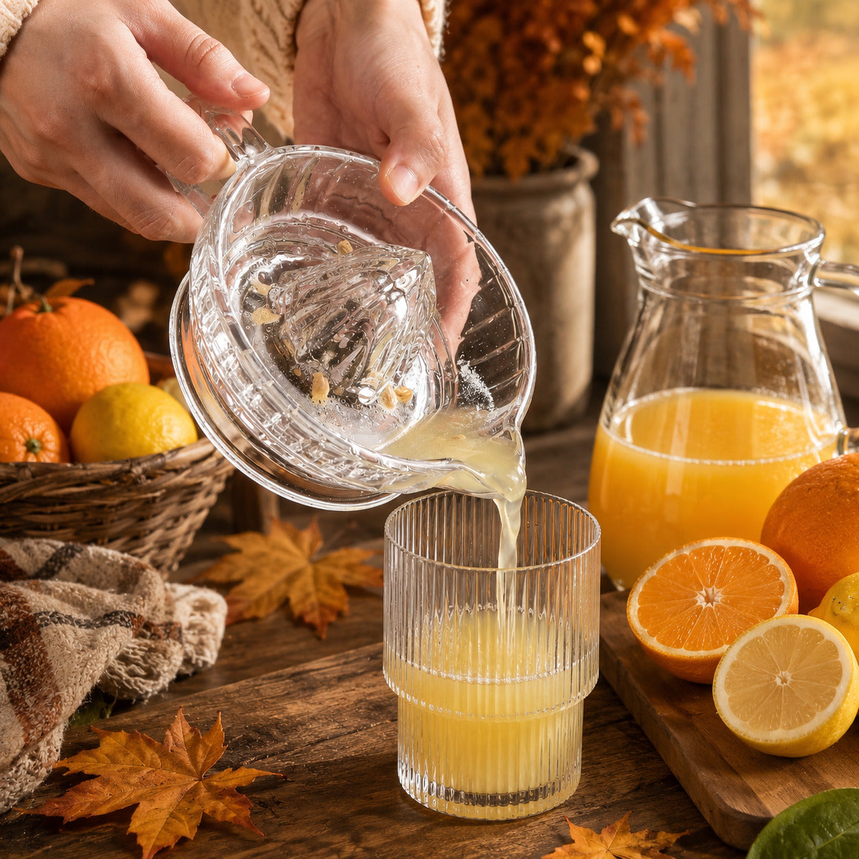 Presse agrumes vu de près. Deux mains qui versent le jus d'orange.