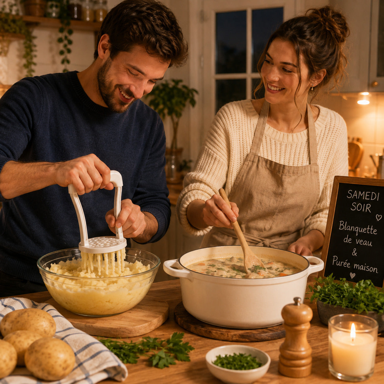 Presse-purée en ABS au fond oval avec sa poignée blanche utilisée par un homme pour piler des pommes de terre auprès de son épouse qui elle cuisine la blanquette de veau, dans une cuisine chaleureuse.