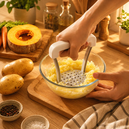 Presse-purée en ABS  au fond oval avec sa poignée blanche vue de proche montrant une femme qui pile des pommes de terre.