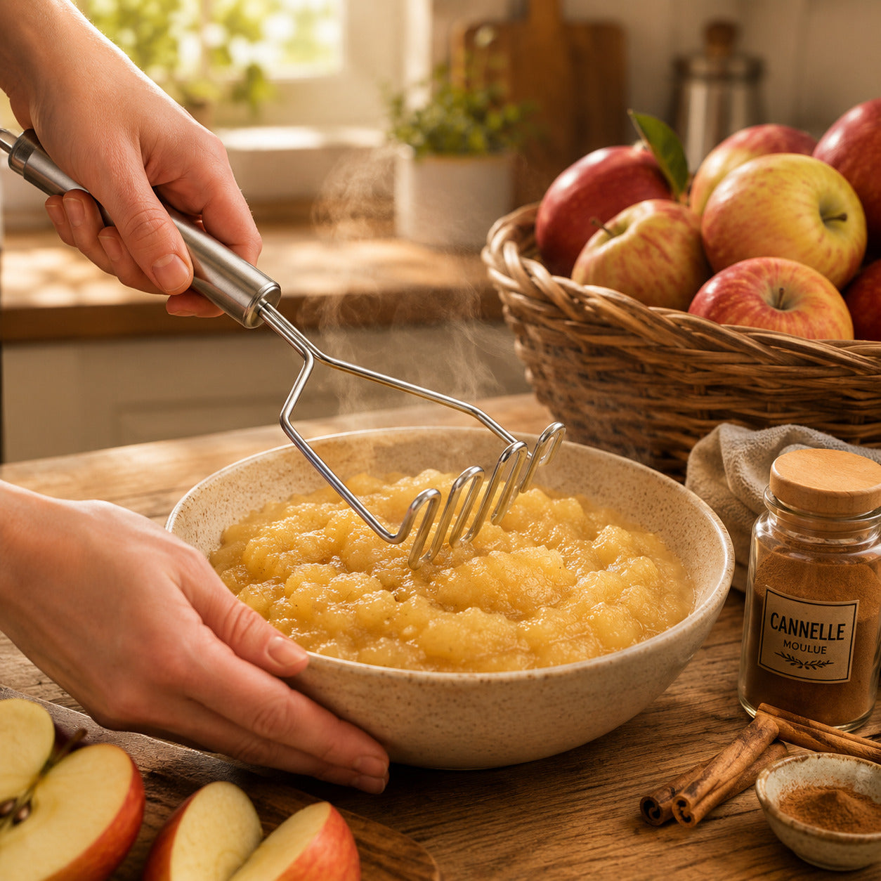 Presse purée en fil métallique ondulé utilisé pour faire une compote de pommes. Vue de près.