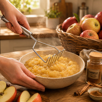 Presse purée en fil métallique ondulé utilisé pour faire une compote de pommes. Vue de près.