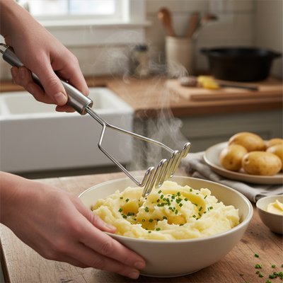 Presse purée en fil métallique ondulé utilisé pour faire une purée de pommes de terre. Vue de près.