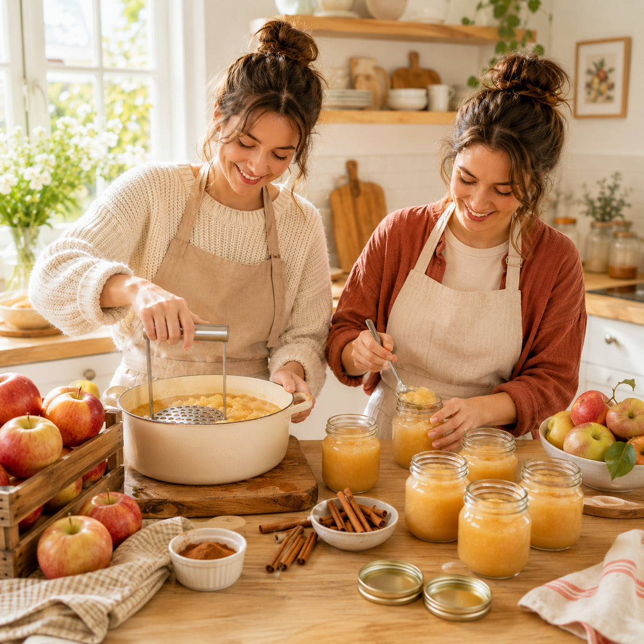 Presse-purée en inox avec poignée horizontale utilisé par deux amies qui font de la compote de pommes.