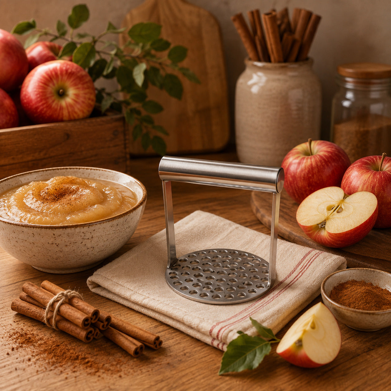 Presse-purée en inox avec poignée horizontale présenté sur un linge en lin entouré de pommes natures et en compote.