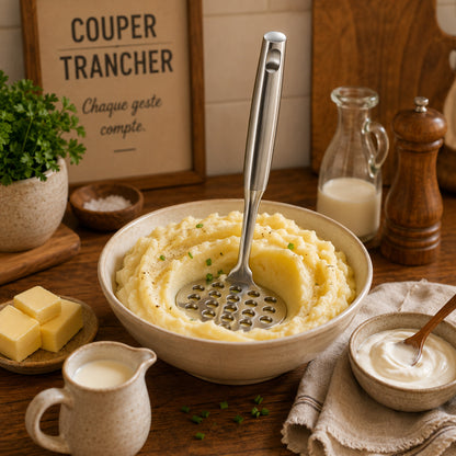 Presse-purée en inox d'un bloc, dans un bol de purée de pommes de terre sur une table en bois décor chaleureux