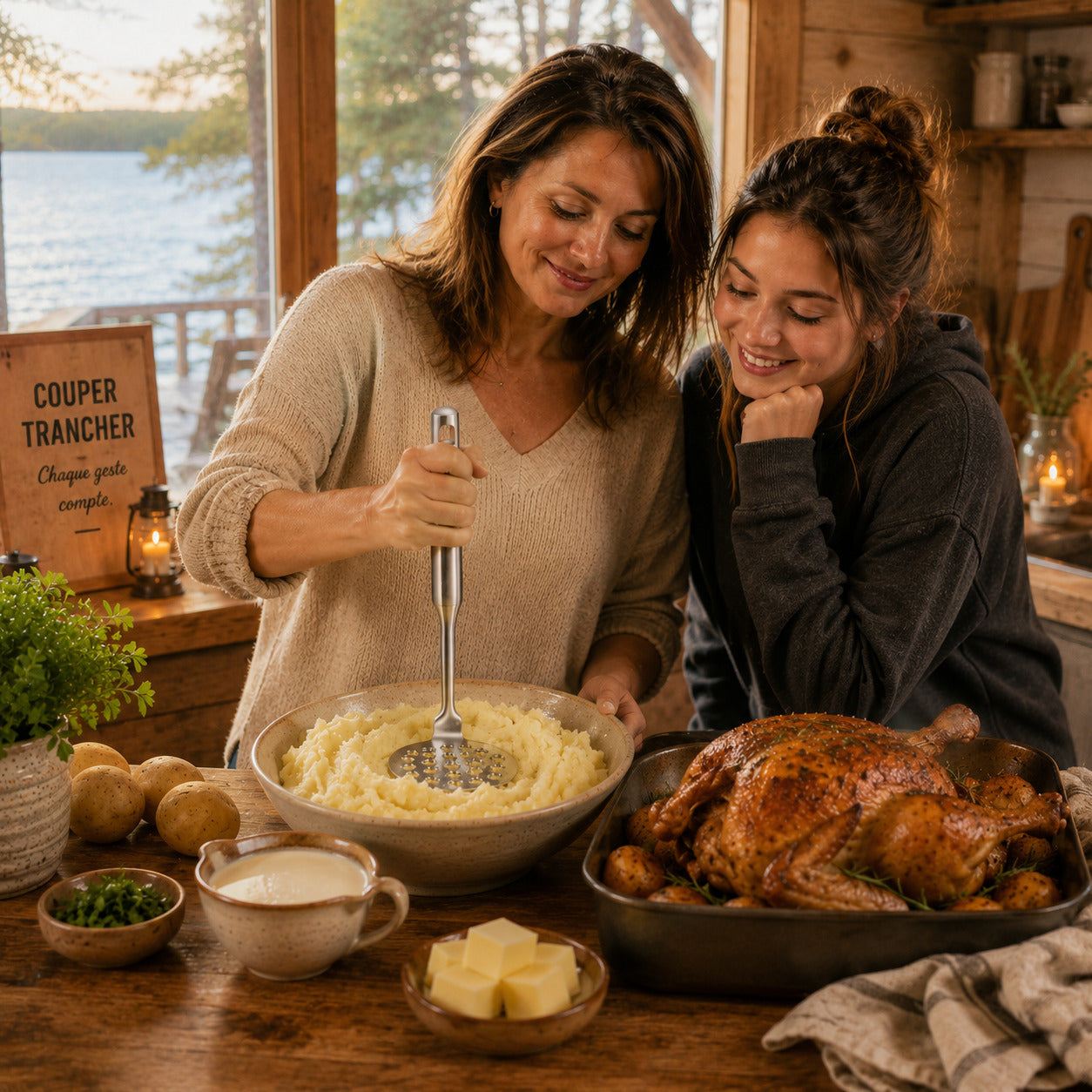 Presse-purée en inox d'un bloc, utilisé par mère et fille qui se préparent une purée de pomme de terre pour accompagner leur poulet rôti.