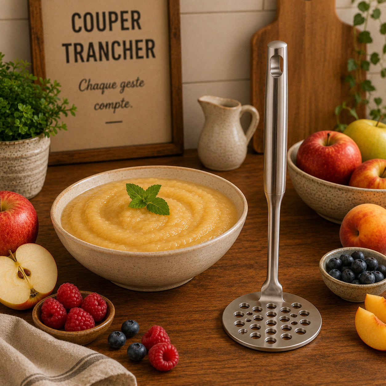 Presse-purée en inox d'un bloc, debout sur une table entourée de fruits et d'un bol de purée de fruits.