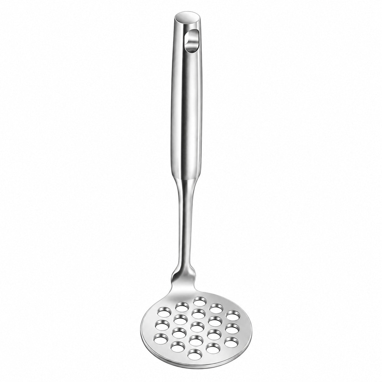 Presse-purée en inox d'un bloc, sur fond blanc