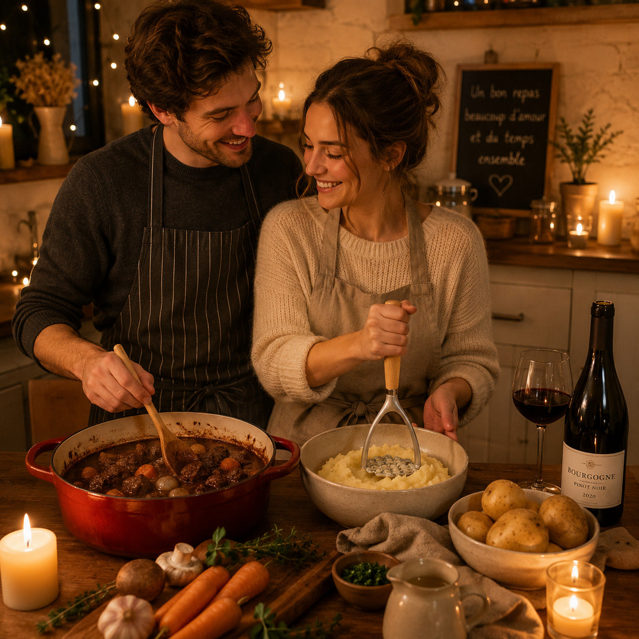 Presse purée manuel bois et aluminium montrant un couple heureux qui se prépare une purée de pomme de terre et un boeuf bourguignon.