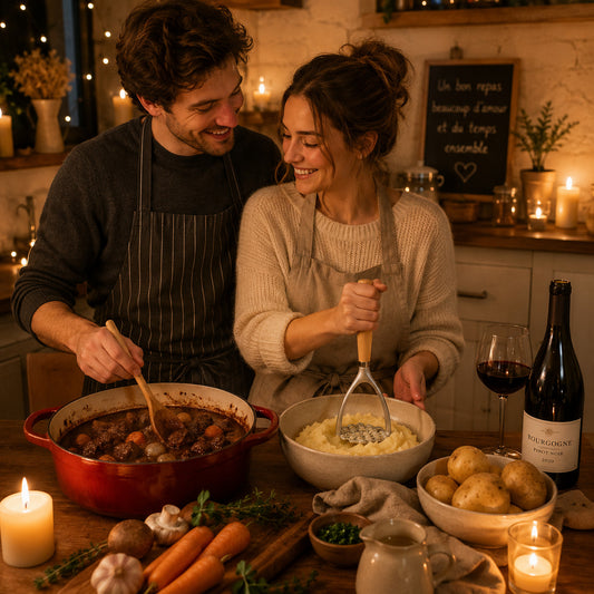 Presse purée manuel bois et aluminium montrant un couple heureux qui se prépare une purée de pomme de terre et un boeuf bourguignon.