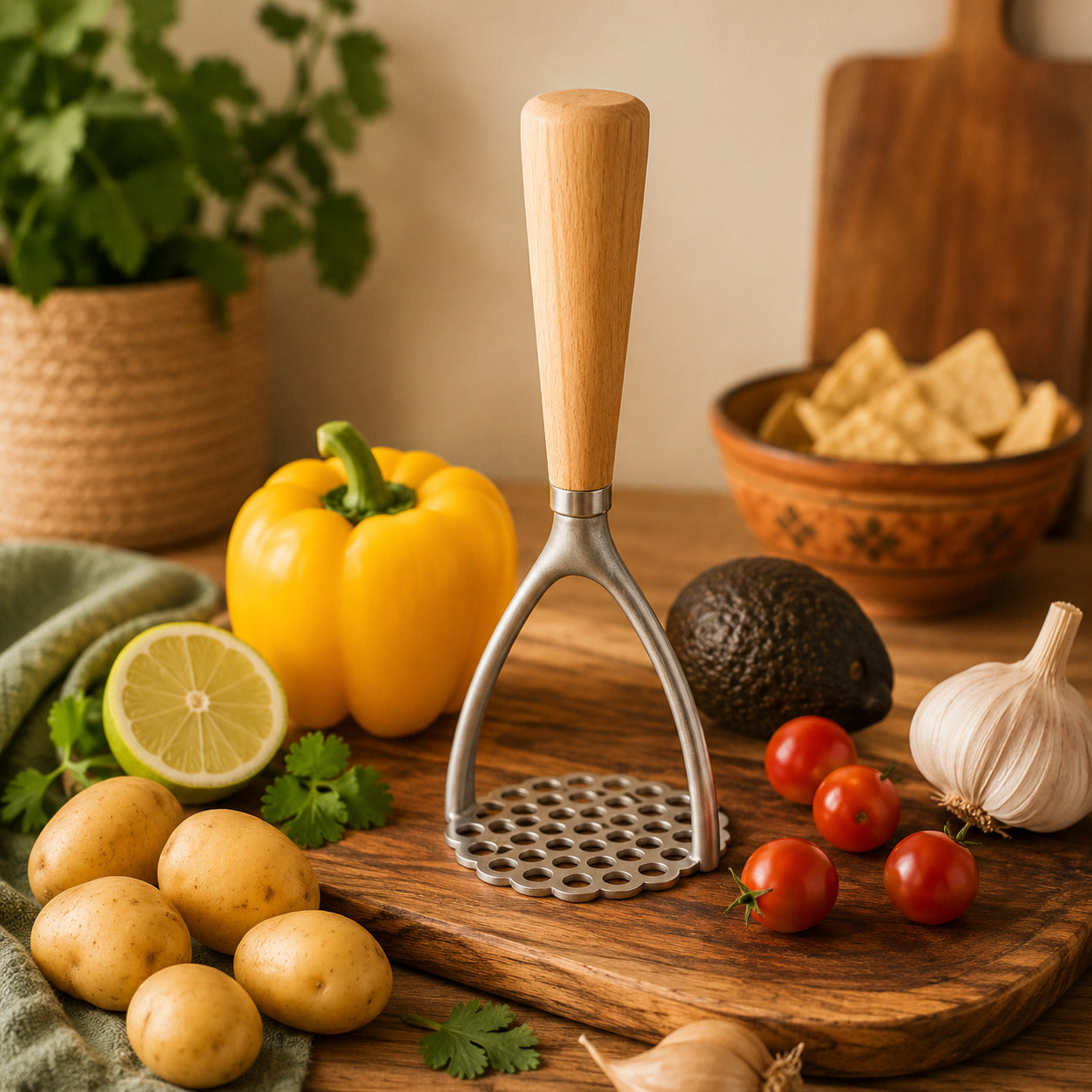 Presse purée manuel bois et aluminium montré sur planche à découper entouré de légumes frais