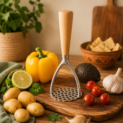 Presse purée manuel bois et aluminium montré sur planche à découper entouré de légumes frais
