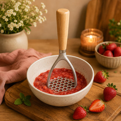 Presse purée manuel bois et aluminium  montré dans une purée de fraises