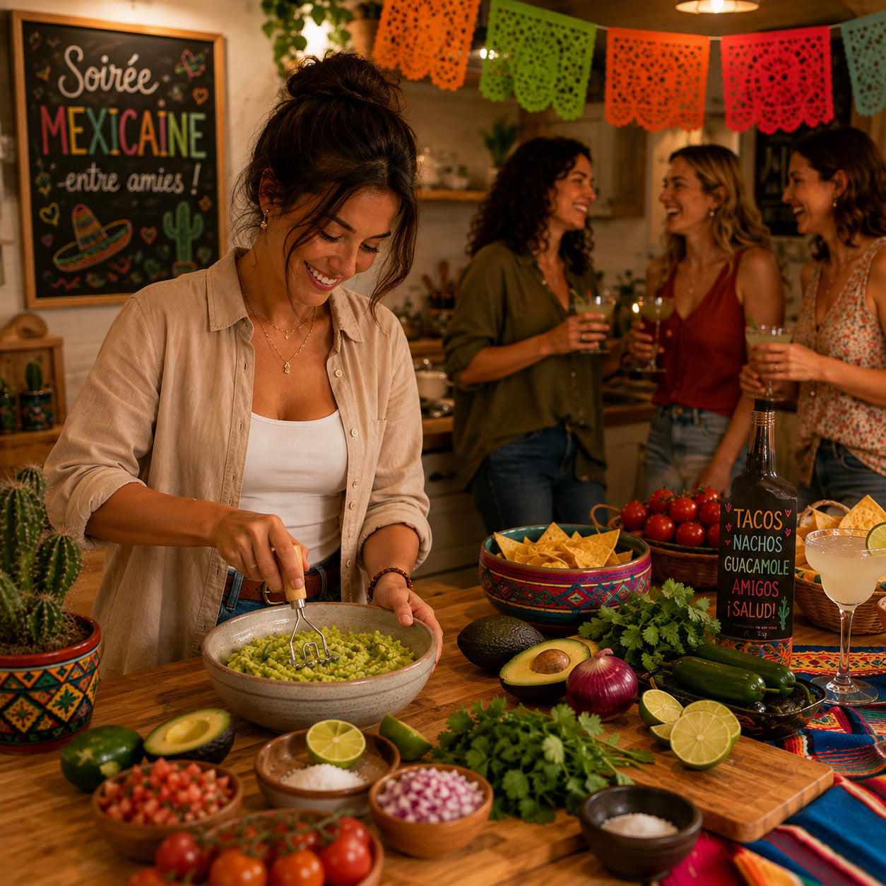 Presse purée manuel ondulé en bois et inox utilisée par une femme qui prépare une guacamole pour sa soirée thématique mexicaine.