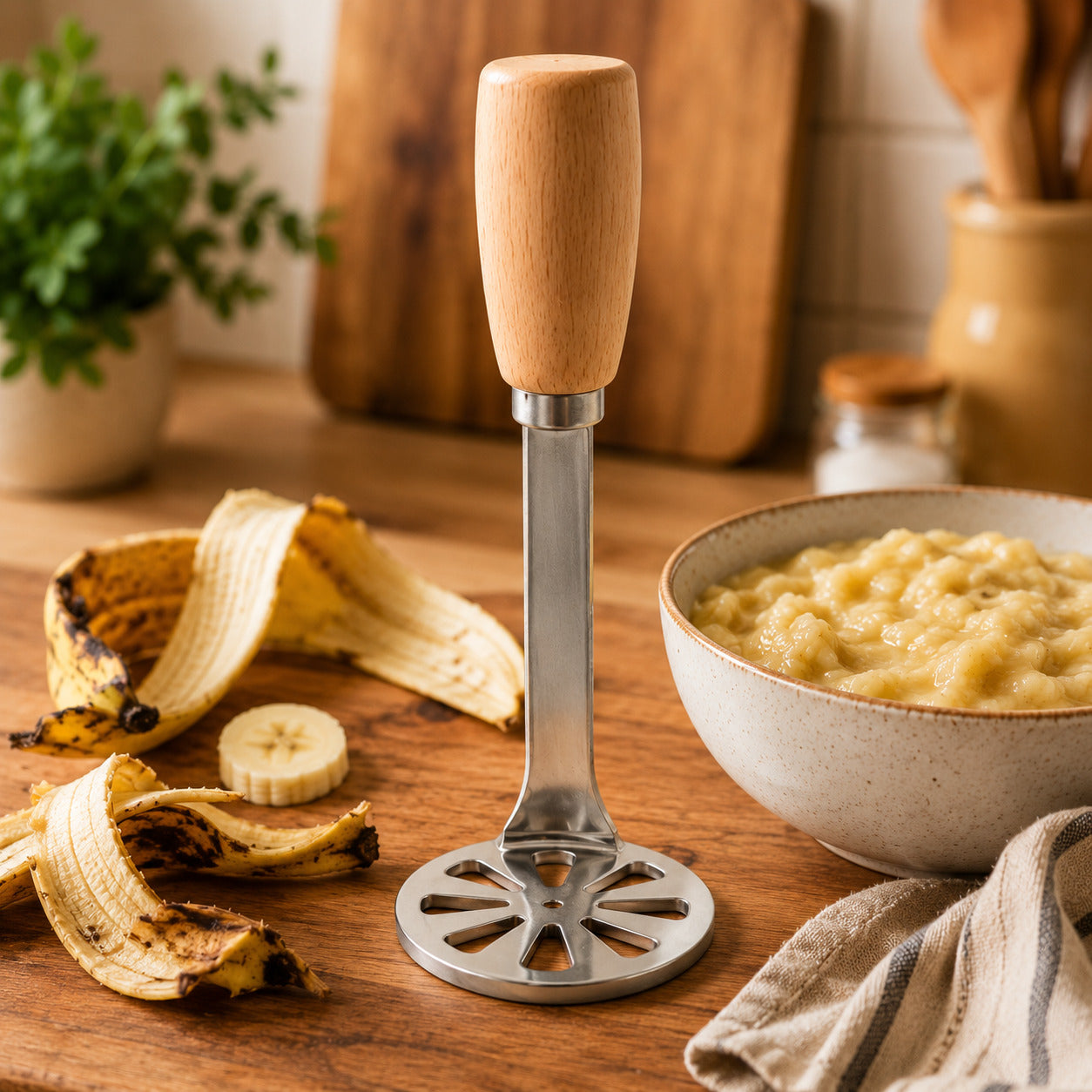 Presse purée manuel plat en bois et inox montré debout près d'un bol de purée de banane