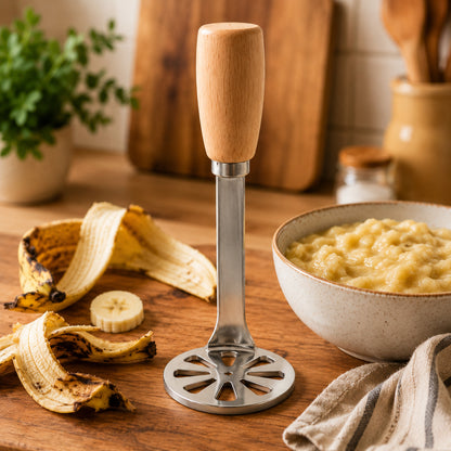 Presse purée manuel plat en bois et inox montré debout près d'un bol de purée de banane