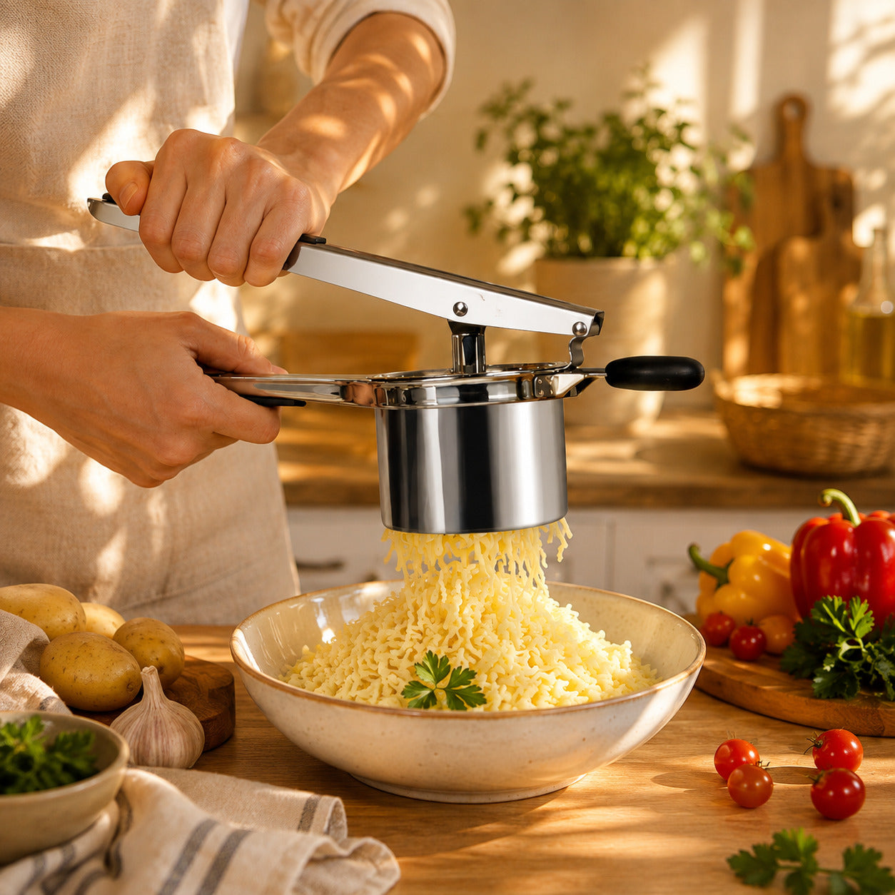 Presse purée manuel classique à levier deluxe utilisé pour écraser des pommes de terre dans un décor chaleureux.