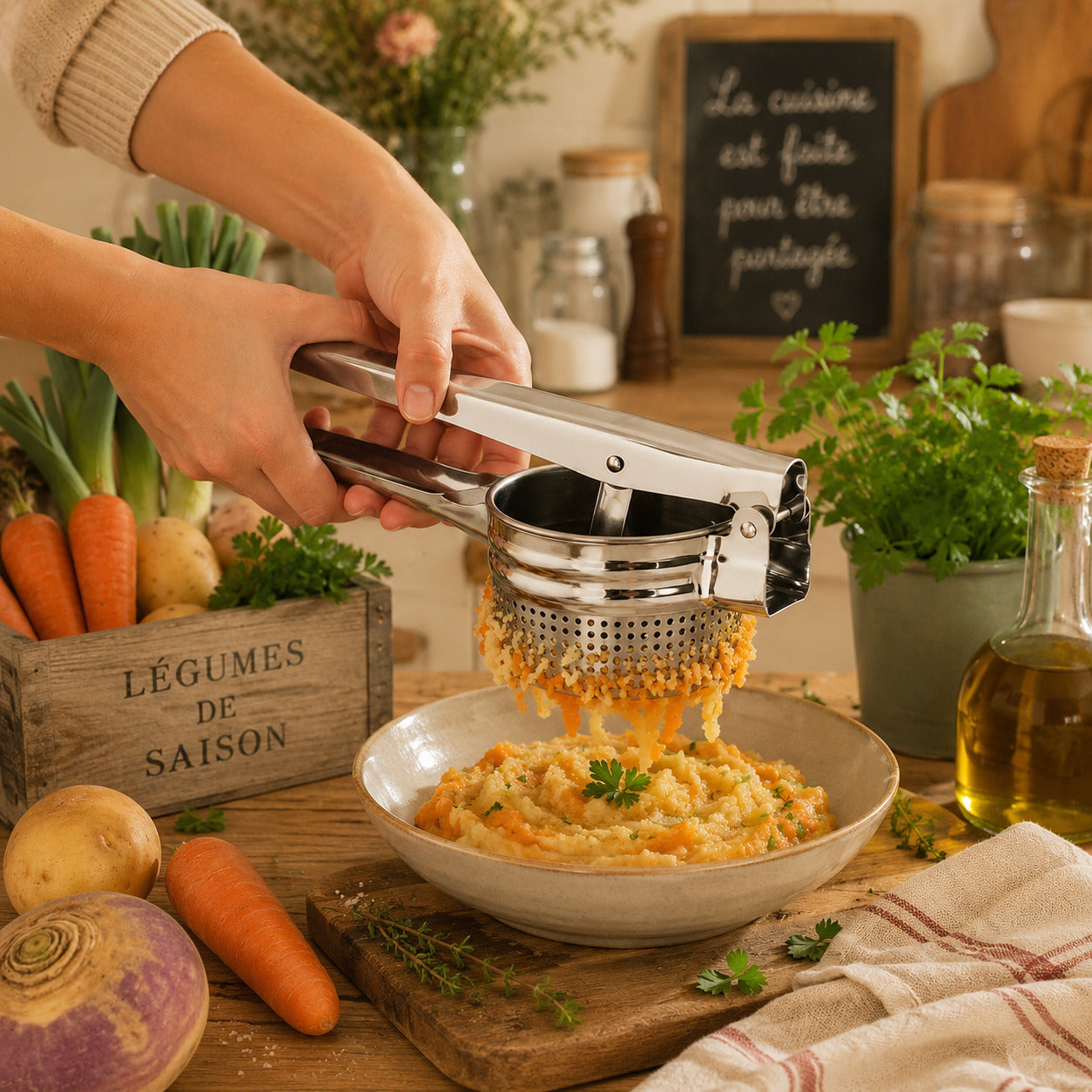 Presse purée manuel classique à levier montré de près dans un beau décor chaleureux, deux mains pressent des légumes.