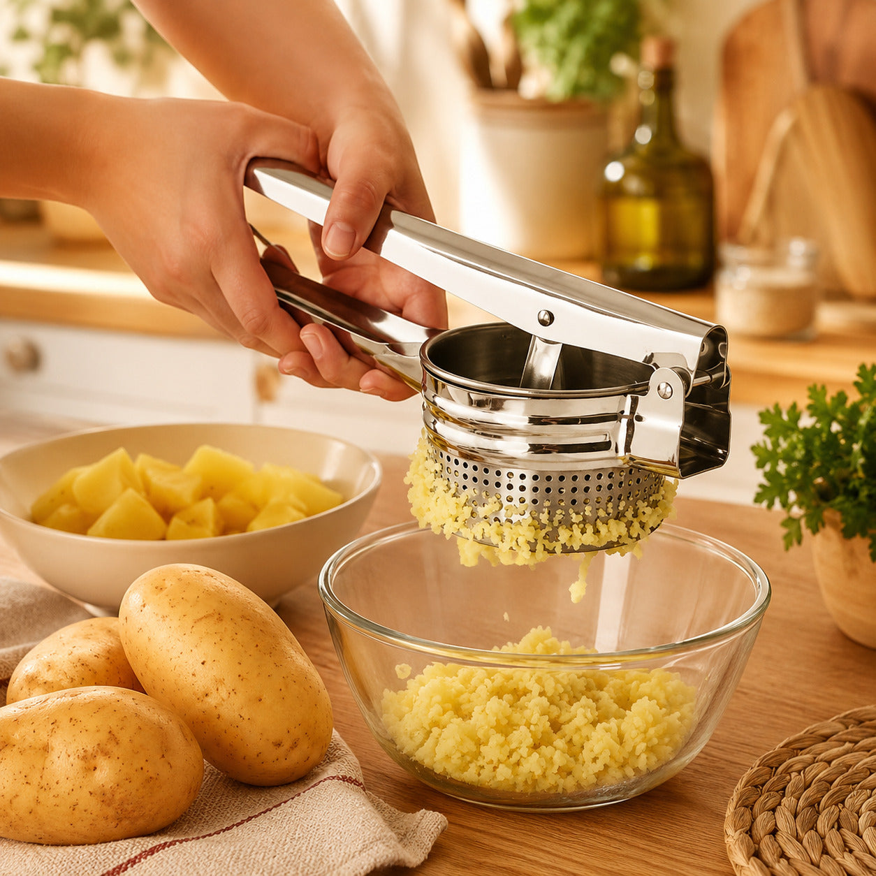 Presse purée manuel classique à levier montré de près dans un beau décor chaleureux, deux mains pressent des pommes de terre.