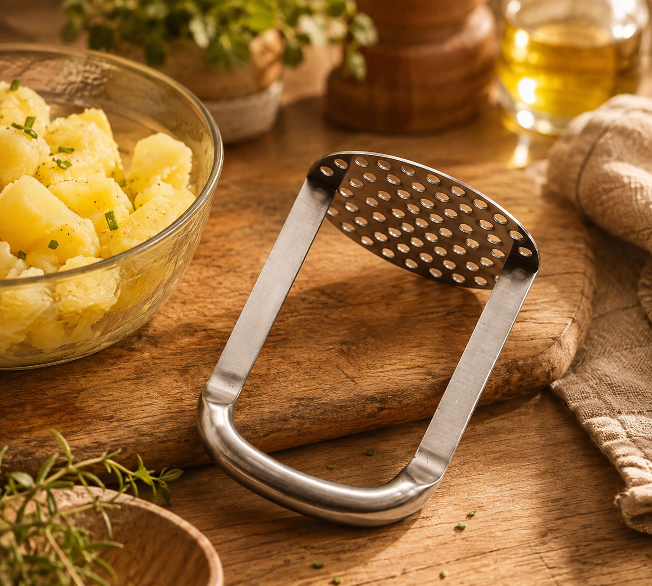 Le presse purée manuel en inox montré de proche sur une planche à découper près d'un bol transparent laissant voir des pomme de terre cuites et coupées en dés