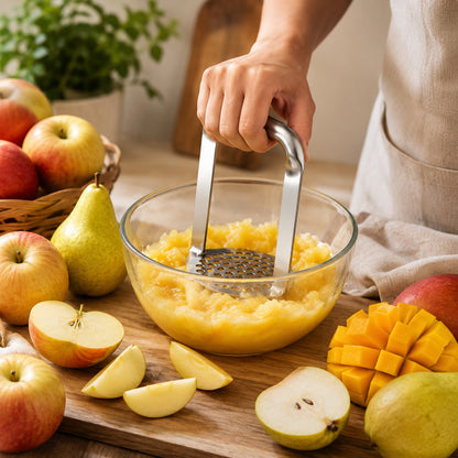 Le presse purée manuel en inox utilisé par une femme qui écrase des fruits cuits pour en faire une purée. Image vue de près dans un décor entouré de pommes, manques et poires.