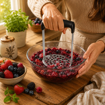 Presse purée manuel en inox à base ovale et poignée antidérapante utilisé par une femme, vue de proche, qui écrase des petits fruits.