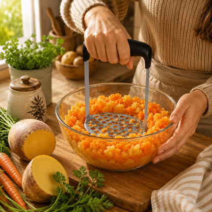 Presse purée manuel en inox à base ovale et poignée antidérapante utilisé par une femme, vue de proche, qui écrase légumes racine cuits.
