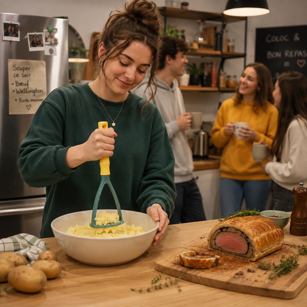 Presse purée plat en abs vert et jaune montrant une étudiante qui pile des pommes de terre pour accompagner le boeuf Wellington, pour un dîner entre colocataires. 