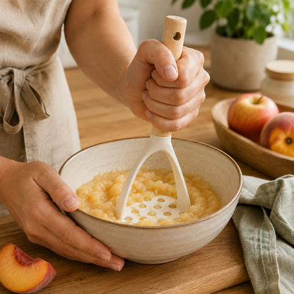 Presse purée avec sa base en silicone et son manche en bois, tenu par une femme qui écrase des fruits cuits. Image de proche dans un décor chaleureux.