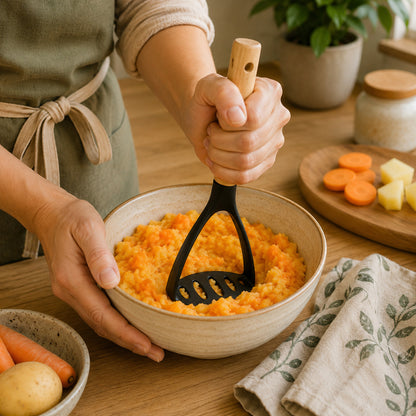Presse purée avec sa base en silicone et son manche en bois, tenu par une femme qui écrase des légumes. Image de proche dans un décor chaleureux.