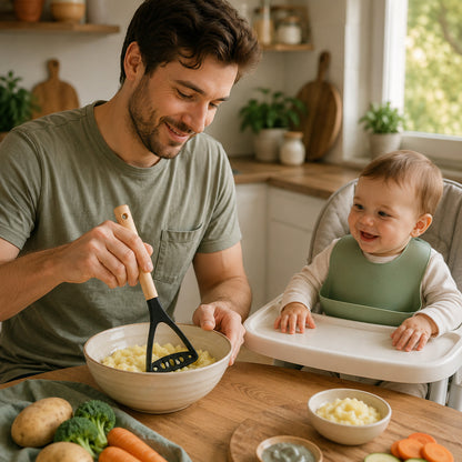 Un père écrase des légumes avec son presse purée en silicone noir, manche en bois, pour son bébé d'un an.