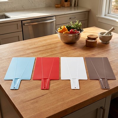 Démonstration des quatre couleurs disponibles des planches à découper, sur un îlot en bois, dans une cuisine champêtre