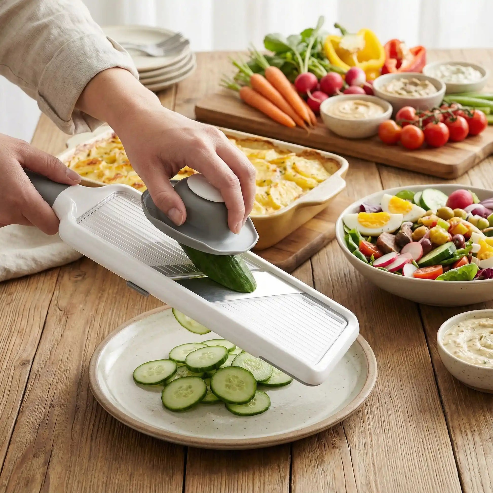 Démonstration de plusieurs plats que l'on peut préparer avec le coupe légumes mandoline ProSlice, dont un gratin de pommes de terre et une salade niçoise