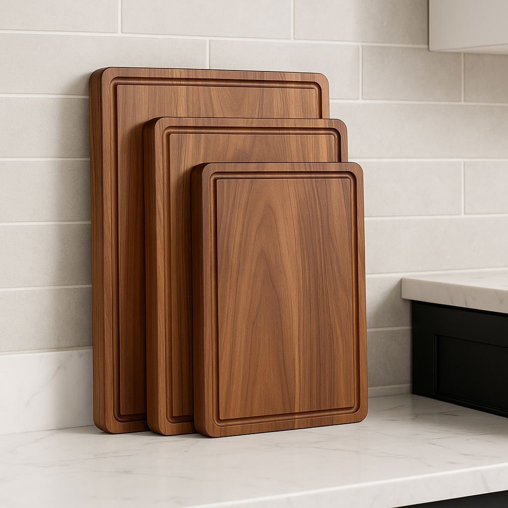 Présentation du trio de planches à découper en bois ClassicPremium, adossé à un mur de céramique dans une cuisine contemporaine